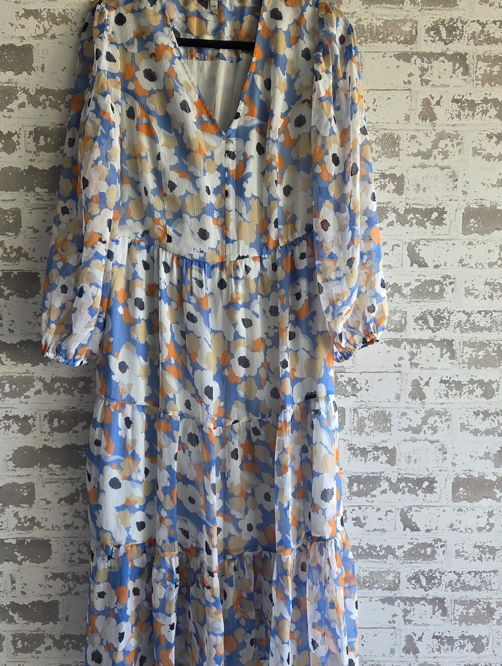 Joie Silk Floral Tiered Midi Dress M Blue Orange Chiffon Boho